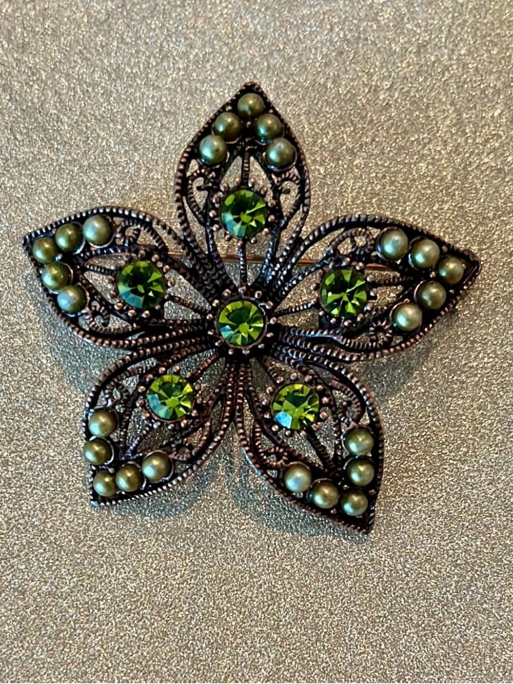 Filigree Flower Brooch With Green Pearls and Rhinestones